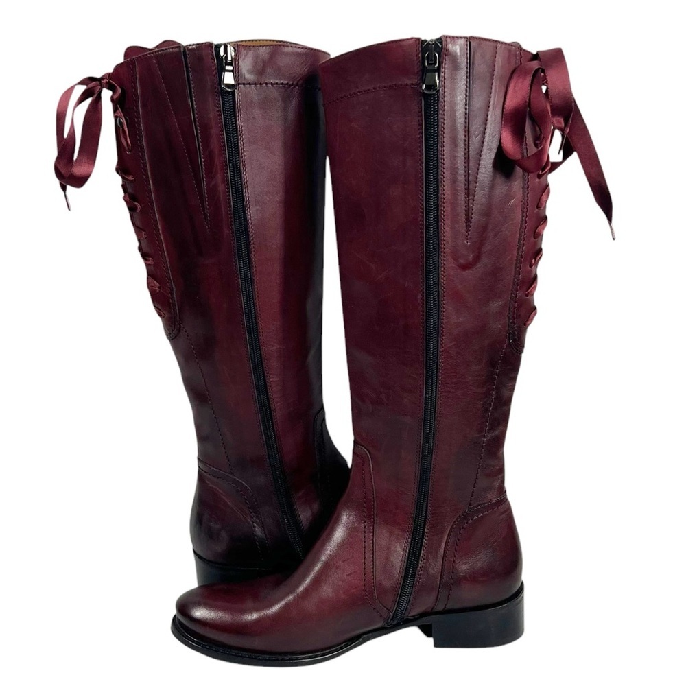 RON WHITE Tall Smooth Leather Boots 36.5/6 Size Zip Lace up Vibram Sole Oxblood